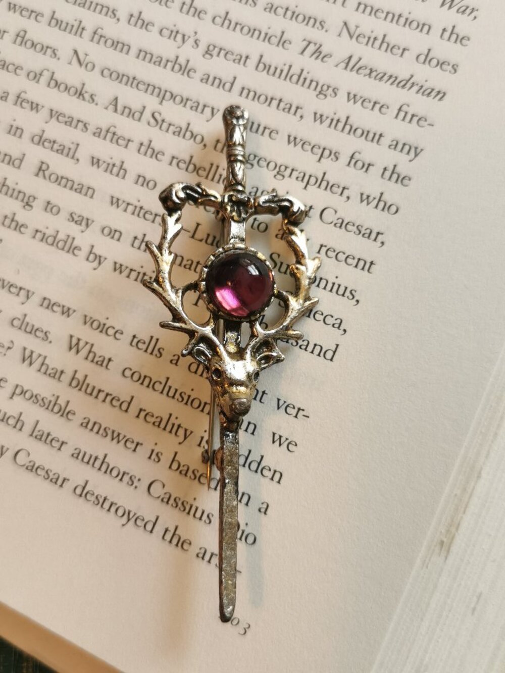 Vintage Scottish Stag Kilt Pin Brooch Stags Head Sword Celtic Purple Stone Jewel